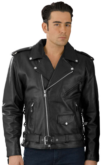 C5411 Basic Biker Leather Jacket with Half Belt & Lace