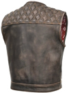 V-KNIGHT Mens Short Body Brown Leather Club Vest with Zipper and Diamond Pattern Back View